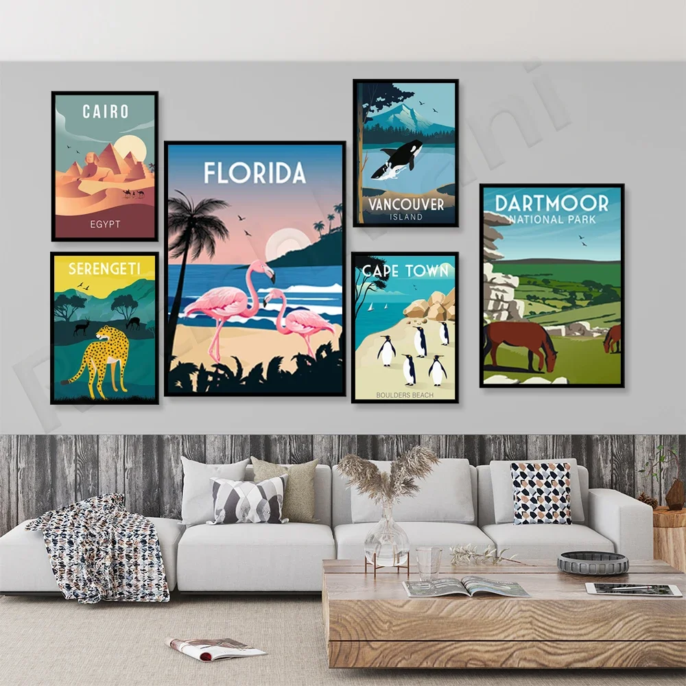 Travel posters, Dartmoor, Vancouver Island, Cape Town, Key West, Florida, Tanzania Serengeti, Cairo, Egypt travel posters