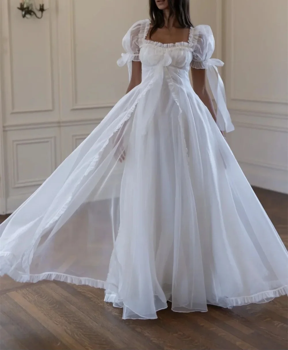 

Elegant long chiffon square neck bow tie wedding dress A-line pleated straight line to the ground bridal gown customization