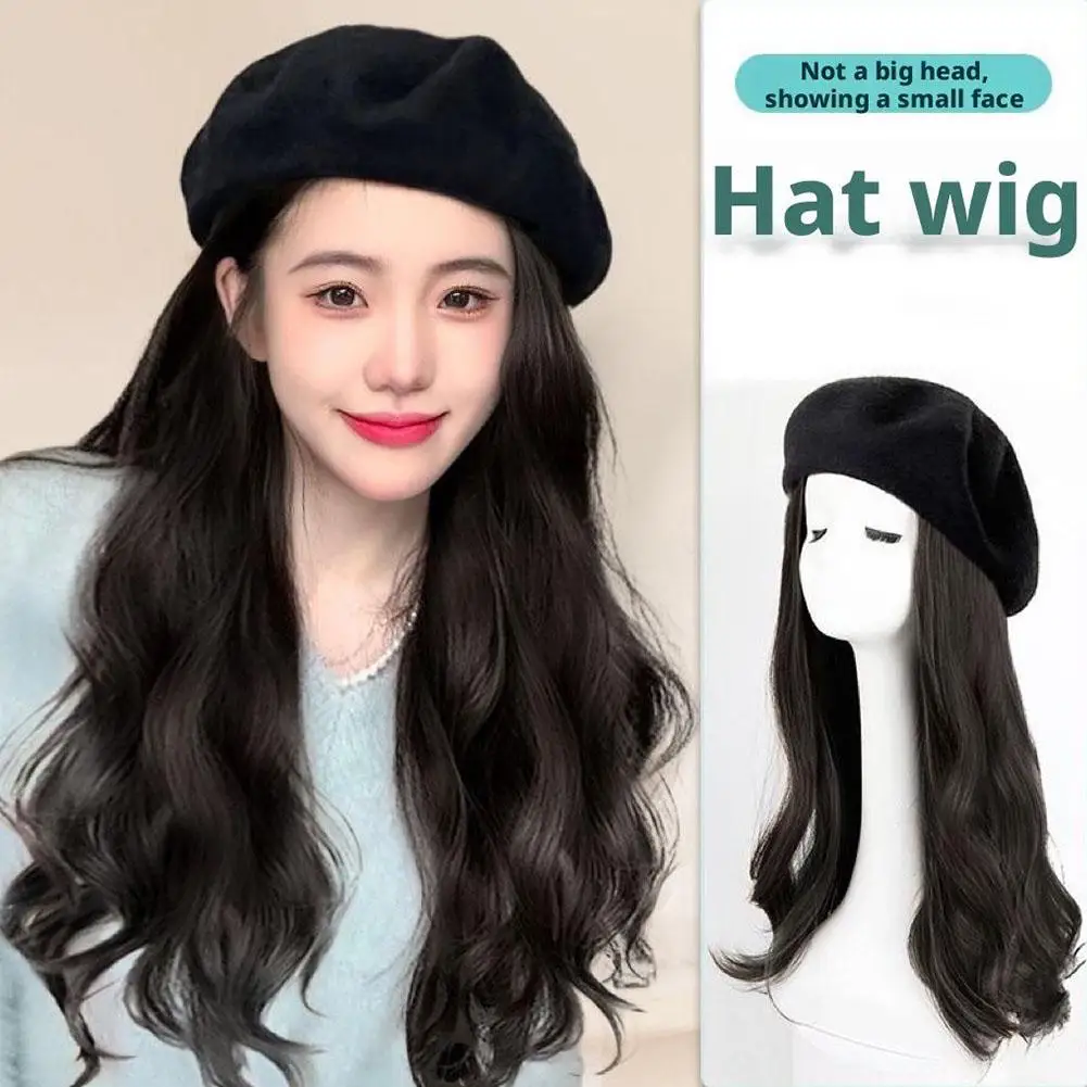 Black Beret Air Bangs Big Wave Curly Wig, Women's Synthetic Fiber Wig Suitable For Halloween And Christmas Parties