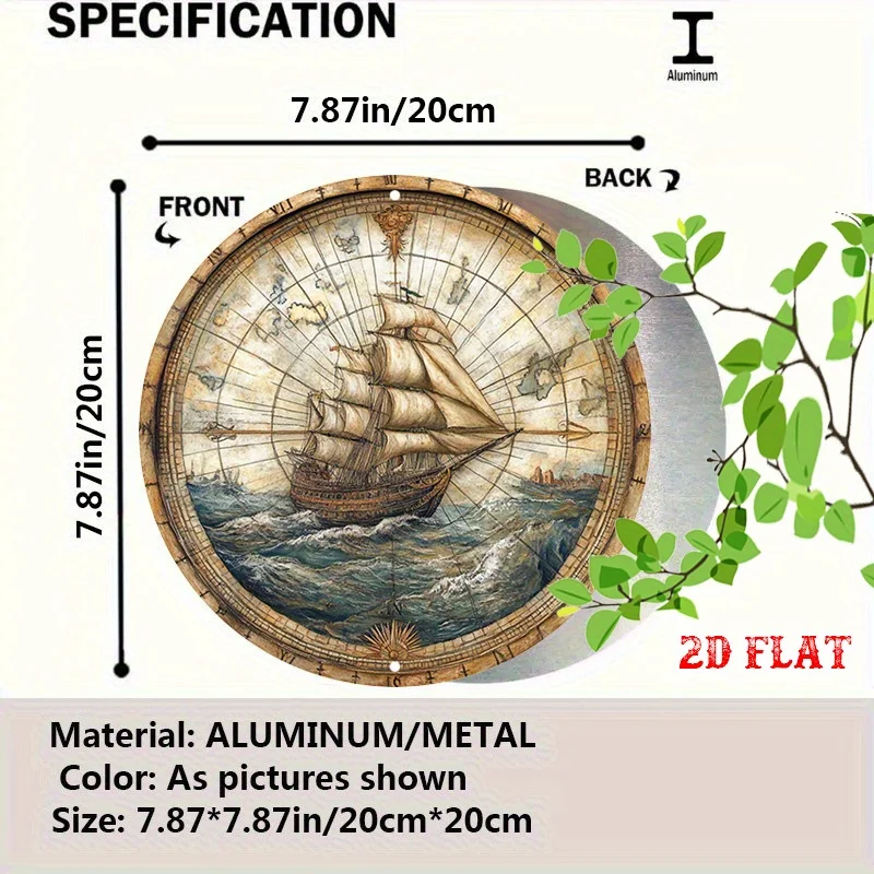Vintage Nautical Tin Wall Art - 2D Flat Round Map Decor with Antique Ship Design, 7.8x7.8in, Perfect for Living Room, Terrace, o