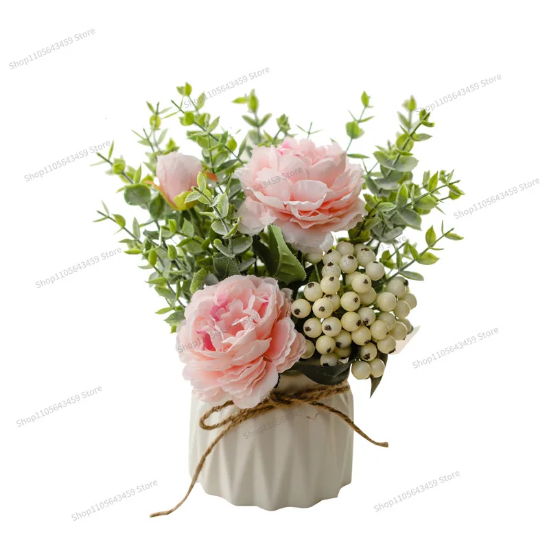 For Nordic Simulation Flower Set Ceramic Hemp Rope Vase Roses, Simulation Plants Potted Plants Home Decoration False Flower Pots