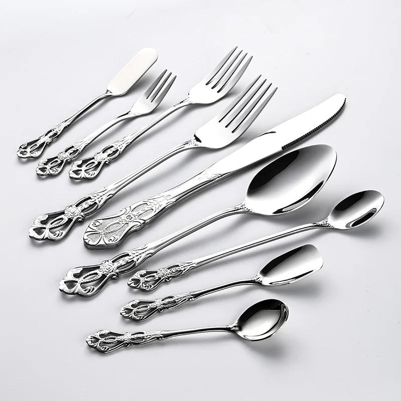 Vintage Palace Style Stainless Steel Cutlery Set Decorative Kitchen Tableware Gold Silver Dinner Fork Knife Spoon
