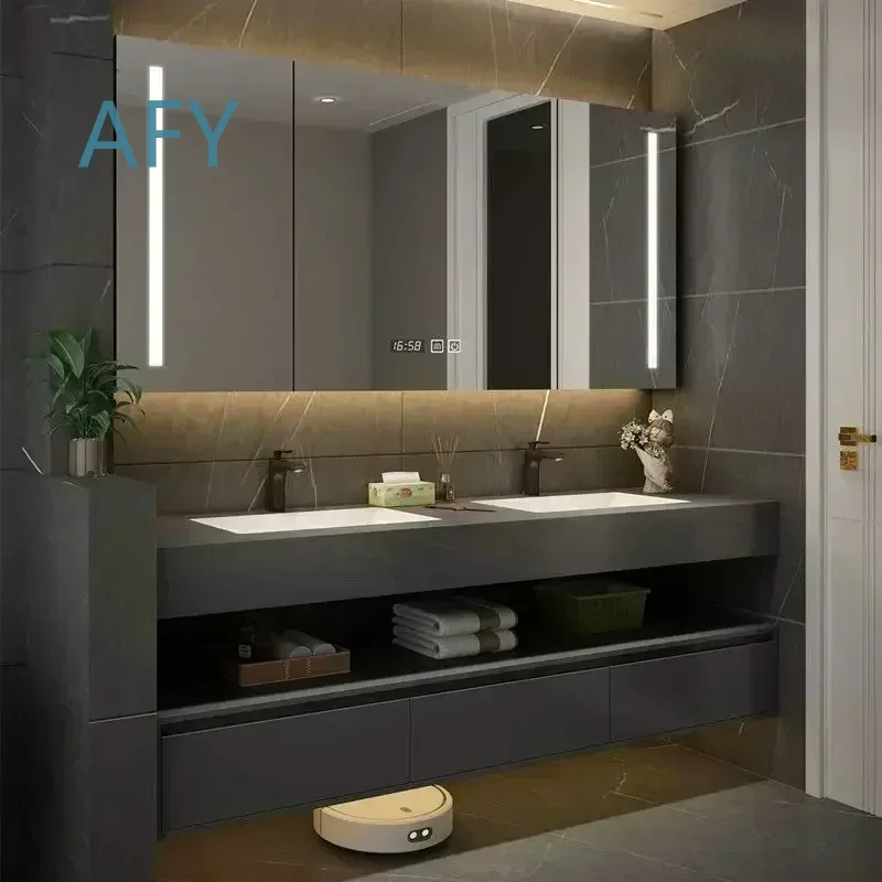 Premium Durable Long-Lasting Mirror Cabinet for Bathroom Vanity Rock Board Floating Single Double Sink with Smart Mirror