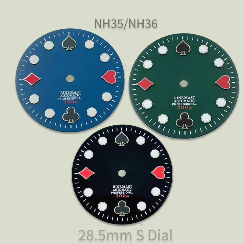285mm-nh35-ダイヤル、s-ロゴ入りポーカーダイヤル、グリーン夜光、日付窓なし、nh35-nh36-ムーブメント対応、時計改造