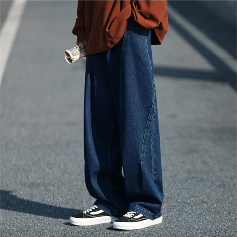 Men\'s Retro Pure Cotton Jeans Loose Straight Tube Pants High Street Fashion Versatile Wide Leg Pants Oversized Workwear Trousers