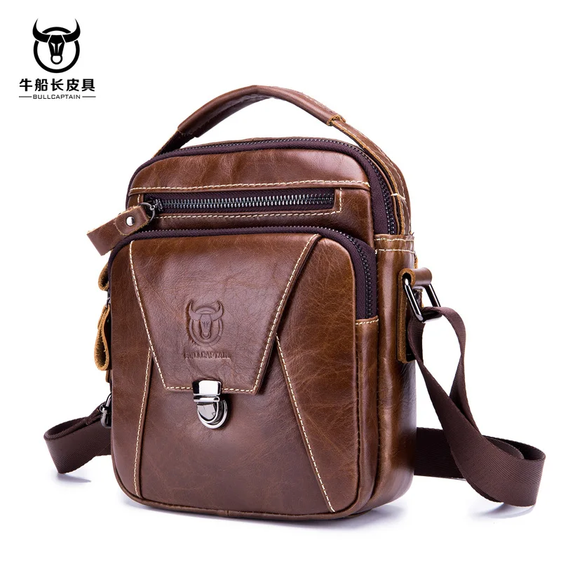 

BULLCAPTAIN Genuine Cow Leather Men's Bag Messenger Bags Men Flap Casual Solid Handbags Multi-pocket Small Male Shoulder Bag