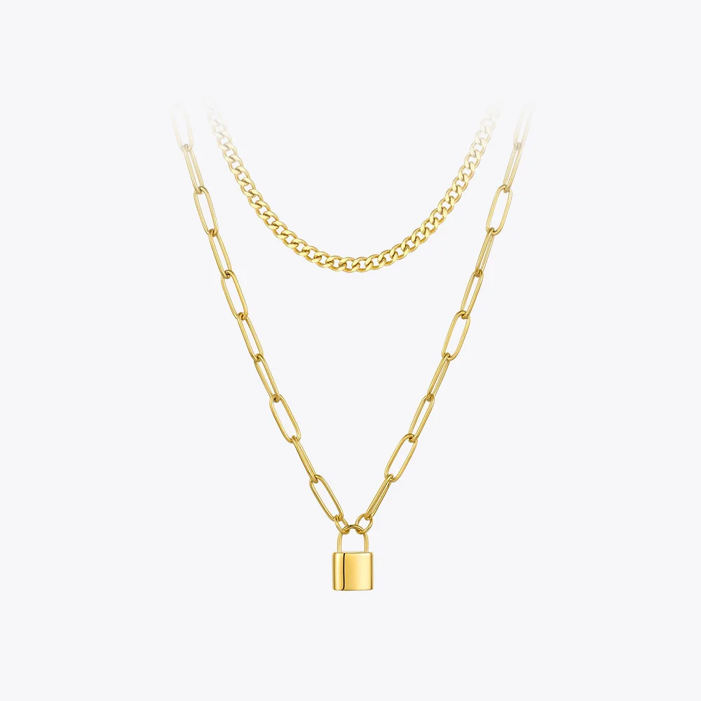 ENFASHION Lock Pendant Necklace Women Gold Color Stainless Steel Double Chain Necklaces 2020 Christmas Fashion Jewelry P203141