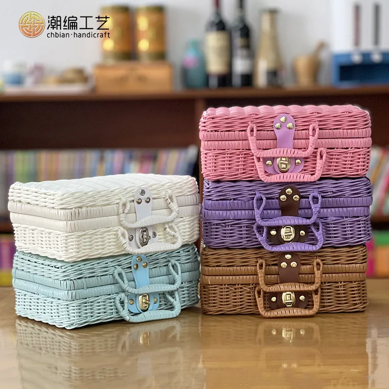 Cosmetic storage rattan box retro props rattan suitcase gift box solid PP woven rattan storage box