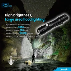 Cyansky-Lampe de poche P25 V2 DulFlashlight, lampe de bain en aluminium, lampes de poche portables rechargeables, 3600 lumens