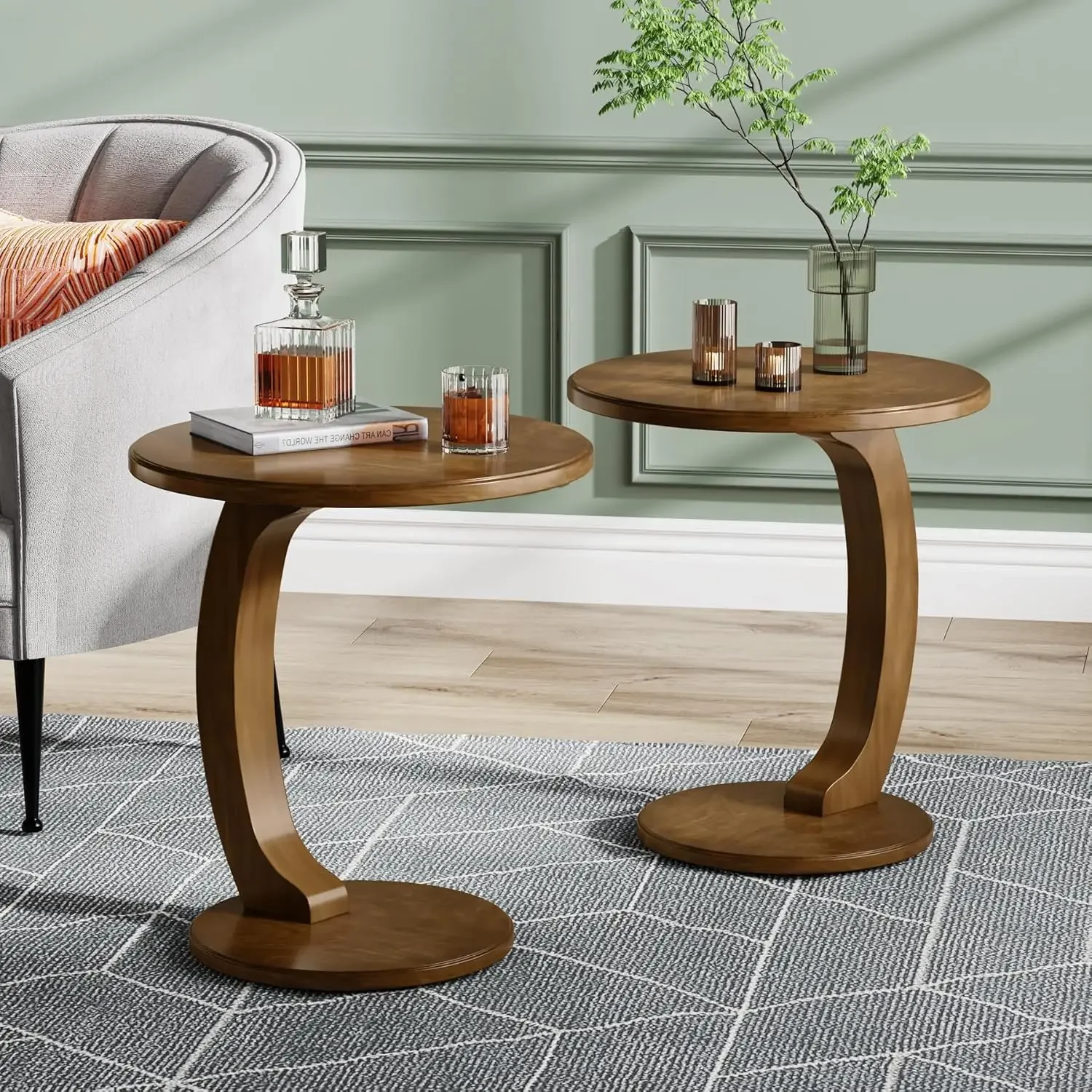 C-Shaped End Table Set, Wooden Round End/Side , Couch  , Mid-Century End , Small Side Table,