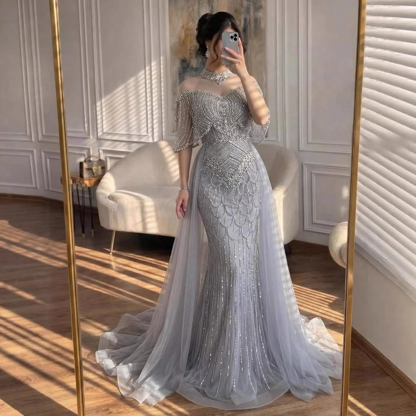 gray empire waist formal dress Sherri Hill Metallic Empire Waist Prom Dress 57108