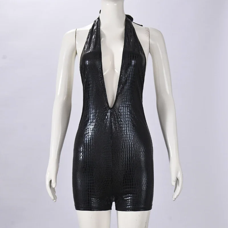 الرسن مثير قطعة واحدة السروال القصير النساء العميق الخامس الرقبة فو الجلود عارية الذراعين أكمام Bodycon وزرة الساخن فتاة كلوبوير #5