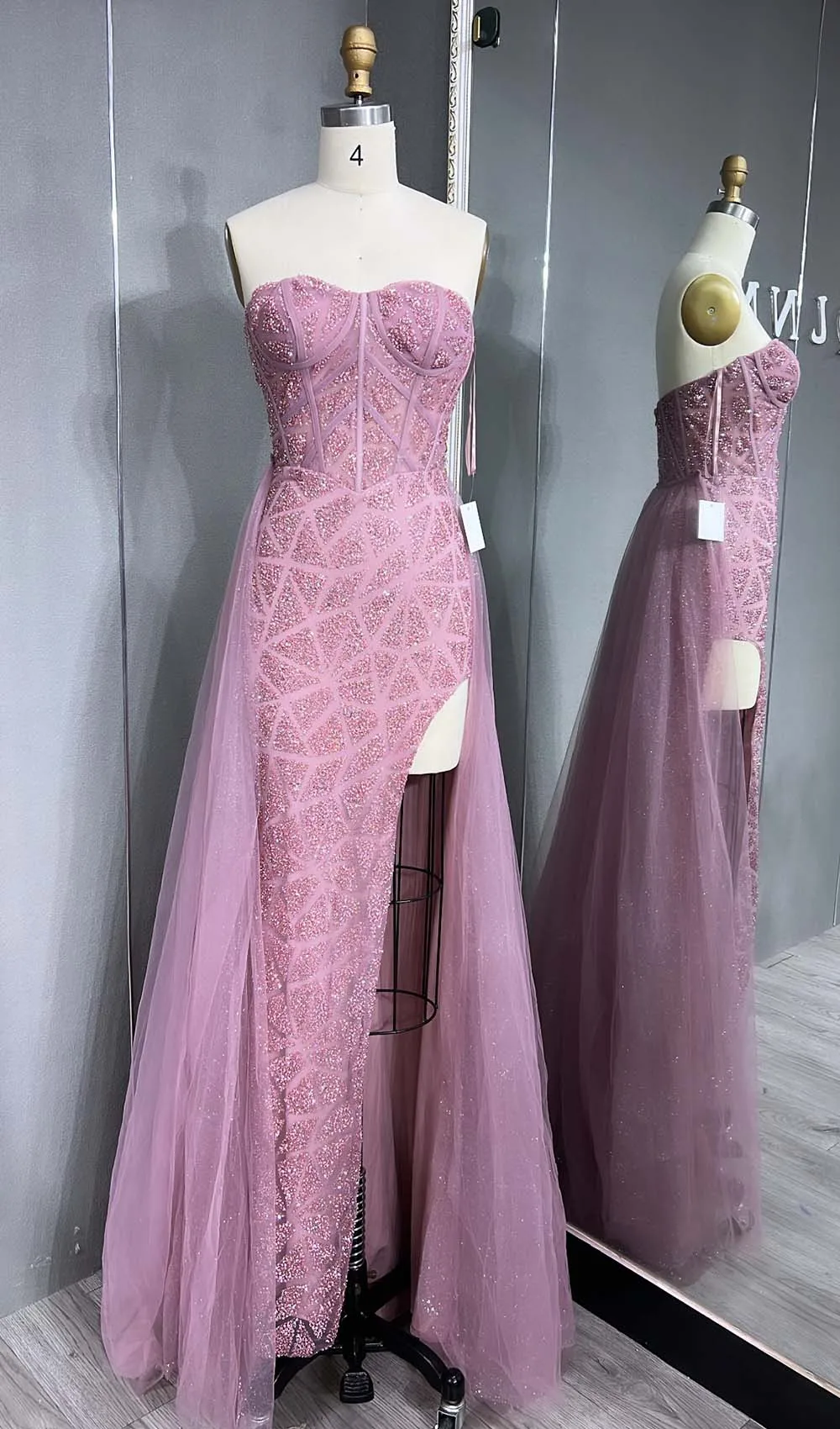 YQLNNE Glitter Pink High Slit Prom Dresses Long Strapless Tulle Mermaid Evening Gown With Removeable Train