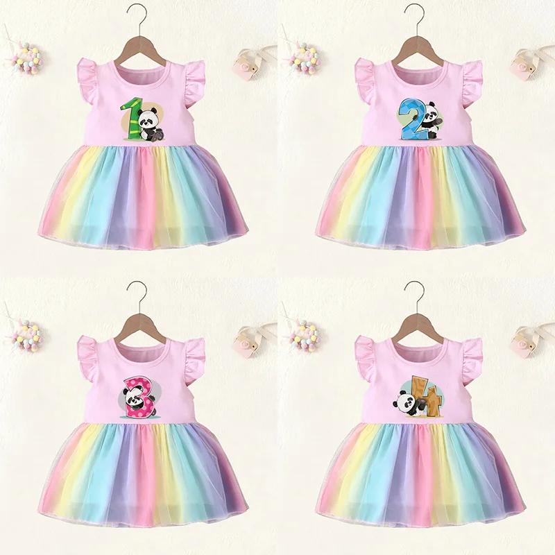 Baby Girl Clothes 1 2 3 4 Years Birthday Dress Cute Panda Animal Print Princess Pink Vestidos Toddler Girls Rainbow Mesh Dresses