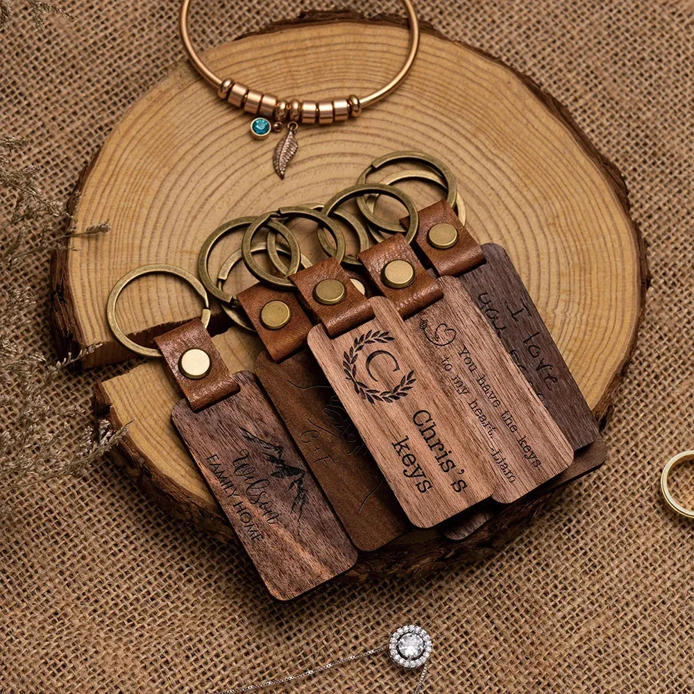 

Free Custom Personalised Wooden Leather Square Keyring for Laser Engraving Key Tags Wooden Crafts Accessories Pendant Gifts