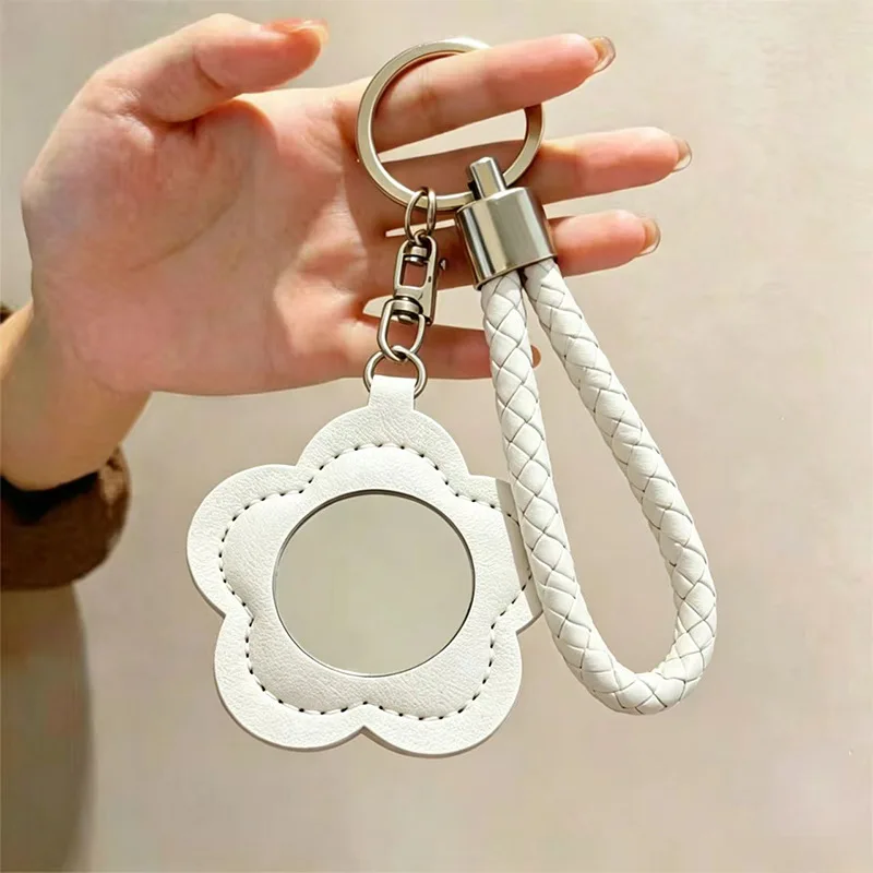 [Buy 1 get 1 free] Creative PU leather flower small mirror keychain portable travel mini makeup mirror bag pendant