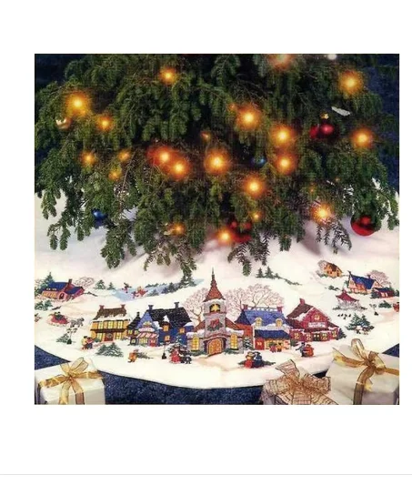 Counted Cross Stitch Kit, Old Town Holiday Christmas Tablecloth, Village Country Winter Dim 00302, Gold Collection