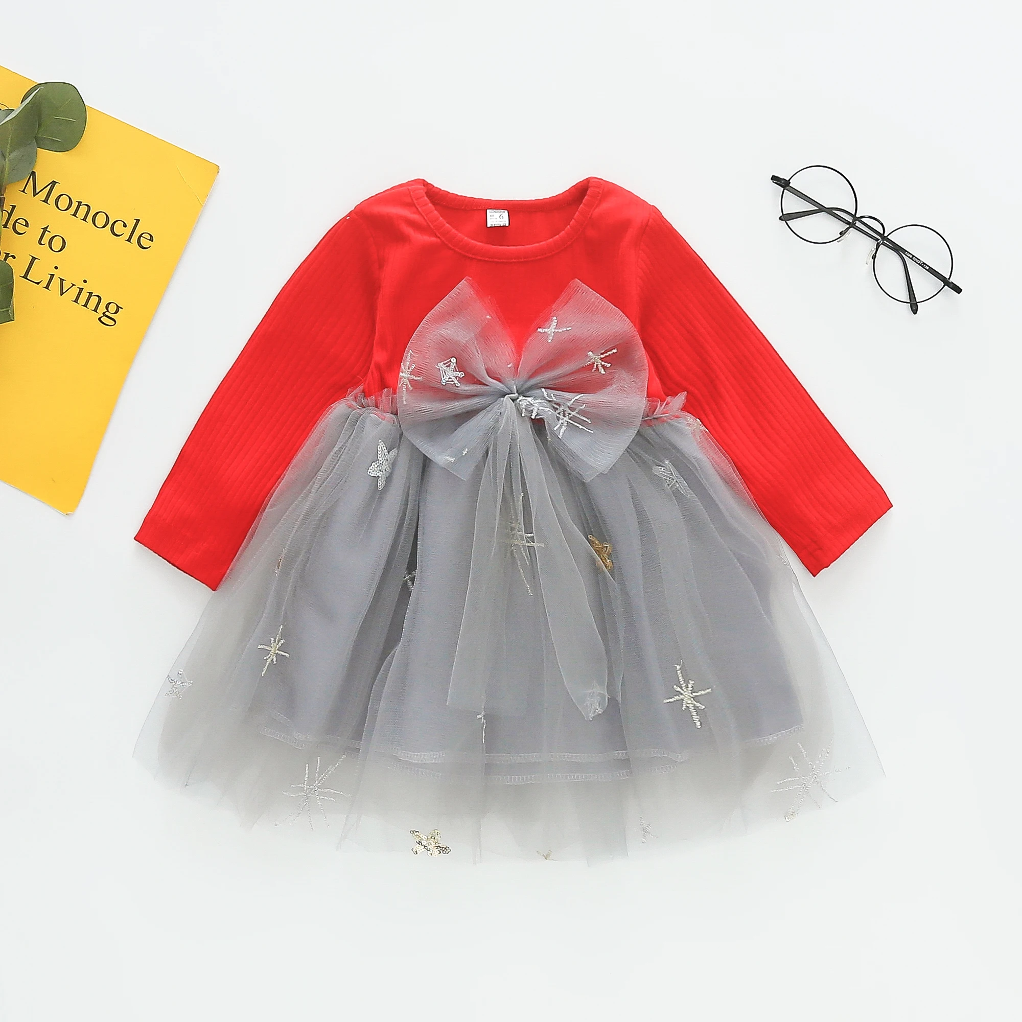 

Baby Girl Dress Spring And Autumn Cotton Color Blocked Bow Mesh Long Sleeved Girls Dresses Sweet And Cute Baby Girl Clothing