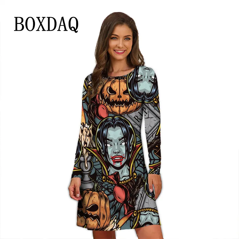 2022 New Winter Halloween Party Pumpkin Lantern Dresses For Women Funny Abstract Face Anime Print Dress Causal Oversize Clothing