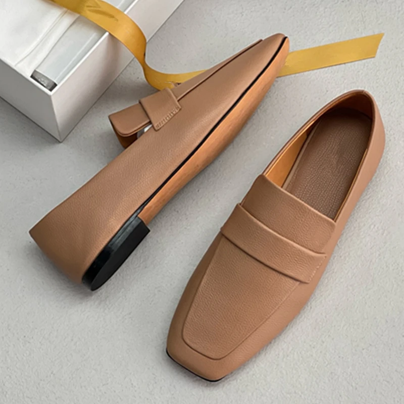 

Maxdutti French Retro Square Toe Loafers Shoes Women Office Ladies Handmade Genuine Leather Slip-on Flat Shoes For Women