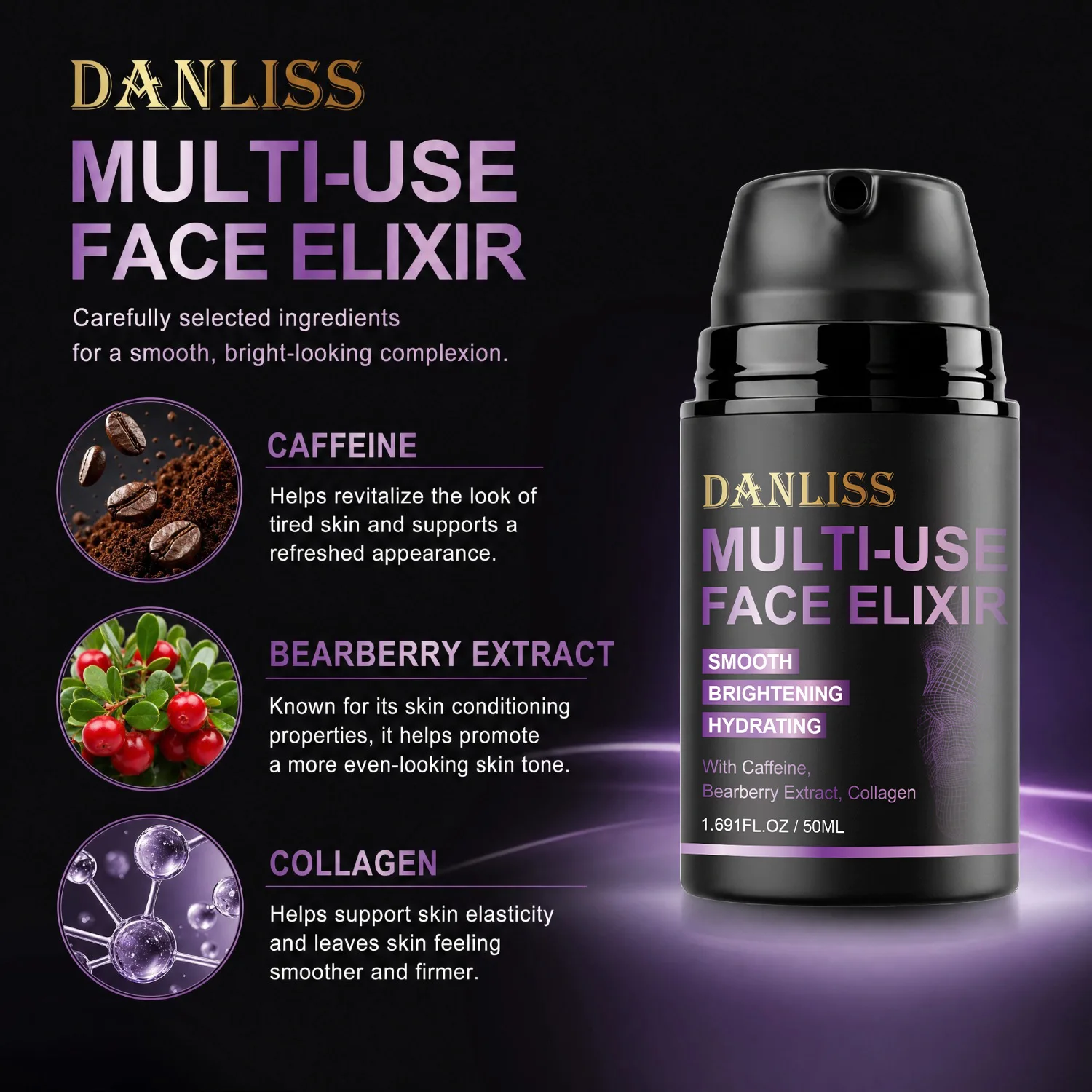 Multi-Use Face Elixir with Caffeine, Bearberry Extract & Collagen – Smooth, Brightening & Hydrating Facial Serum for Tired Skin.