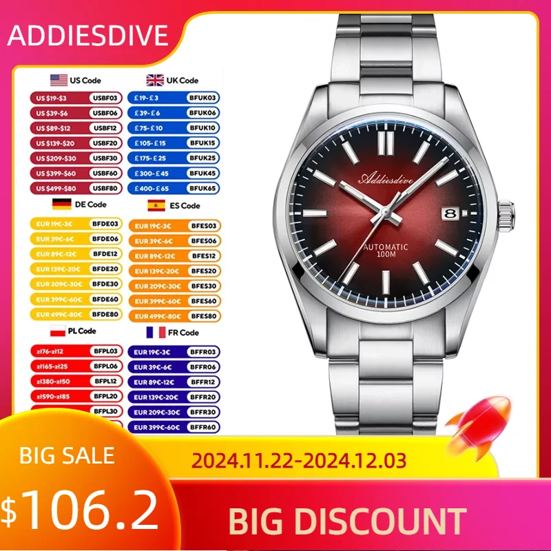 Addiesdive Unieke Retro Herenhorloge Super Lichtgevend Roestvrij Staal Saffierglas Luxe Man Horloges Waterdicht AD2071 Horloge