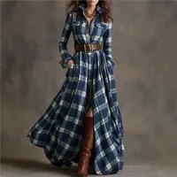 Leisure Grid Printed Long Sleeve Shirts Dress Autumn New Long Sleeve Pocket Dress Elegant Ladies Loose Pleated Commute Dresses - Image 4