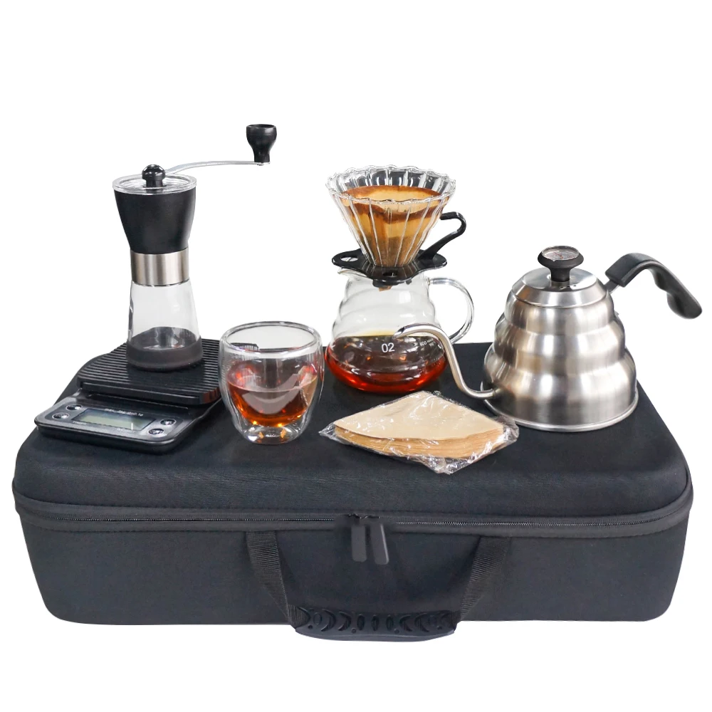 SENSEMAKE Camping Pour Over Coffee Sets With Bag Stainless Steel Kettle Glass Grinder Share Pot Cup Bag for Outdoor Traveling