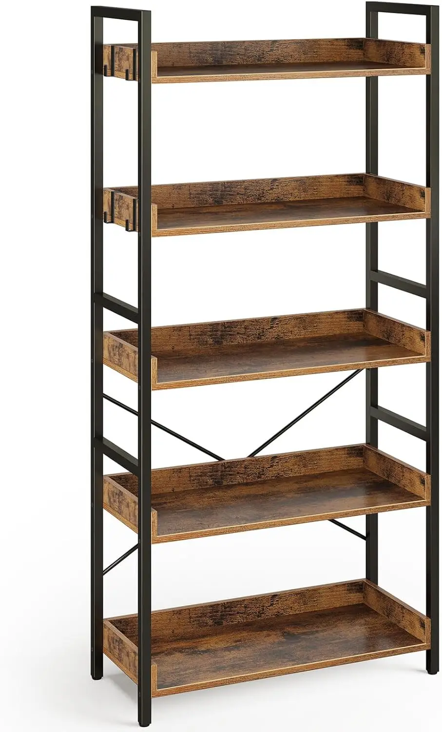 

Bookshelf 5 Tier with 4 Hooks, Industrial Wood Bookcase, Vintage Storage Rack with Open Shelves, Rustic Standing Bookshelves