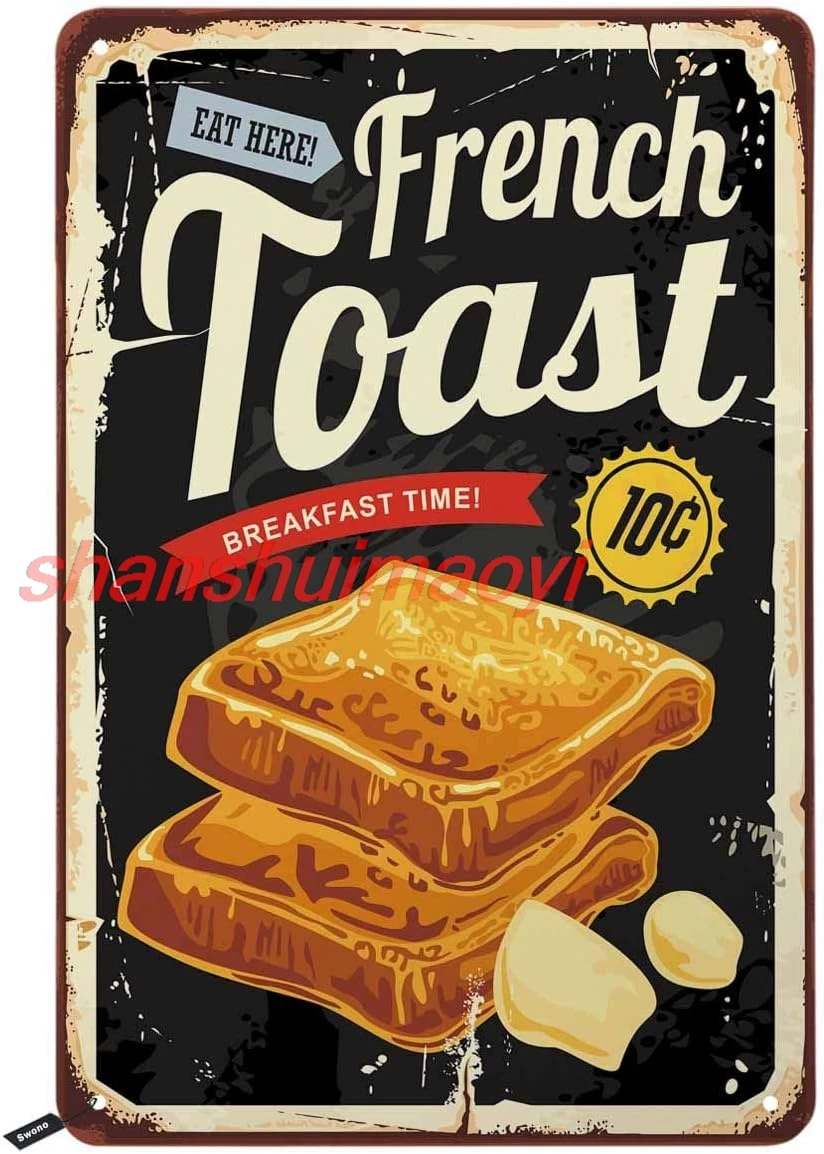 Swono French Toast Restaurant Tin Signs,Breakfast Graphic on Old Metal Background Vintage Metal Tin Sign For Men Women,Wall sign