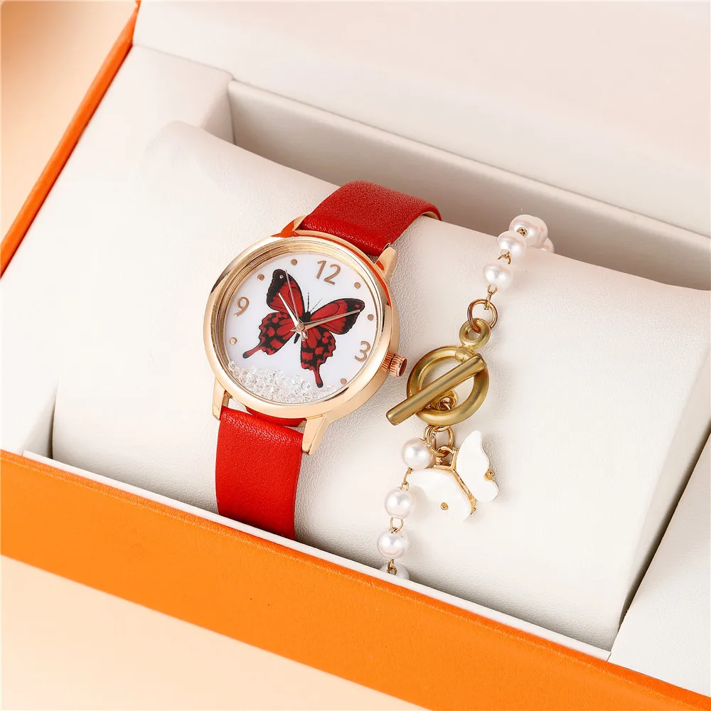 Temperament Fashion Simple Belt Ladies Watch Butterfly Pattern Rhinestone Quartz Tumblers Casual Watch Women