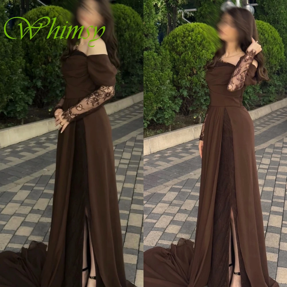 Customized Exquisite Off the Shoulder Long Sleeves Evening Dress Temperament Chapel Train Prom Dresses Delicate Lace Party Gowns
