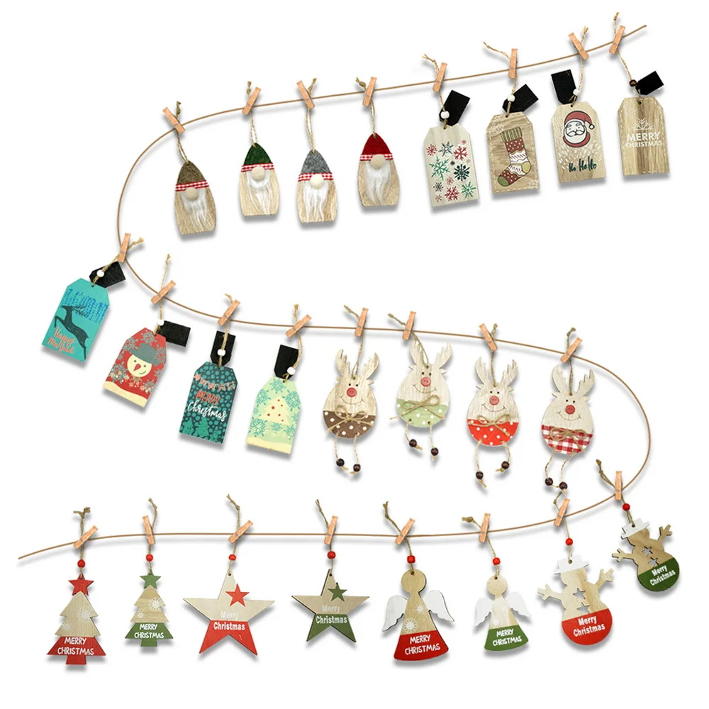 DIY Crafts Wood Hanging String Decoration Wooden Christmas Tree Ornaments Set with Sticker