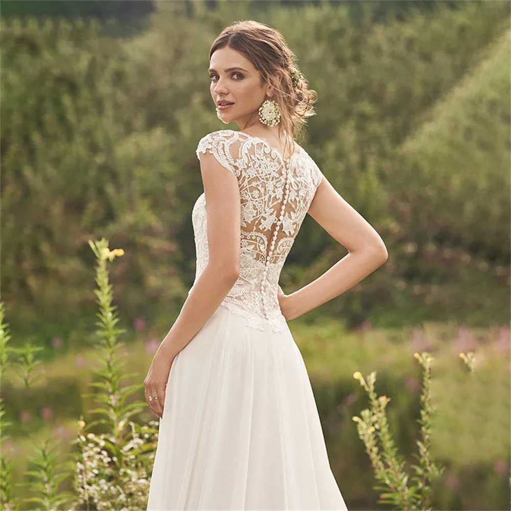 Wedding Dresses A-line V-neck Lace Backless Country Style Beach Wedding Dresses for Birthday Wedding Party