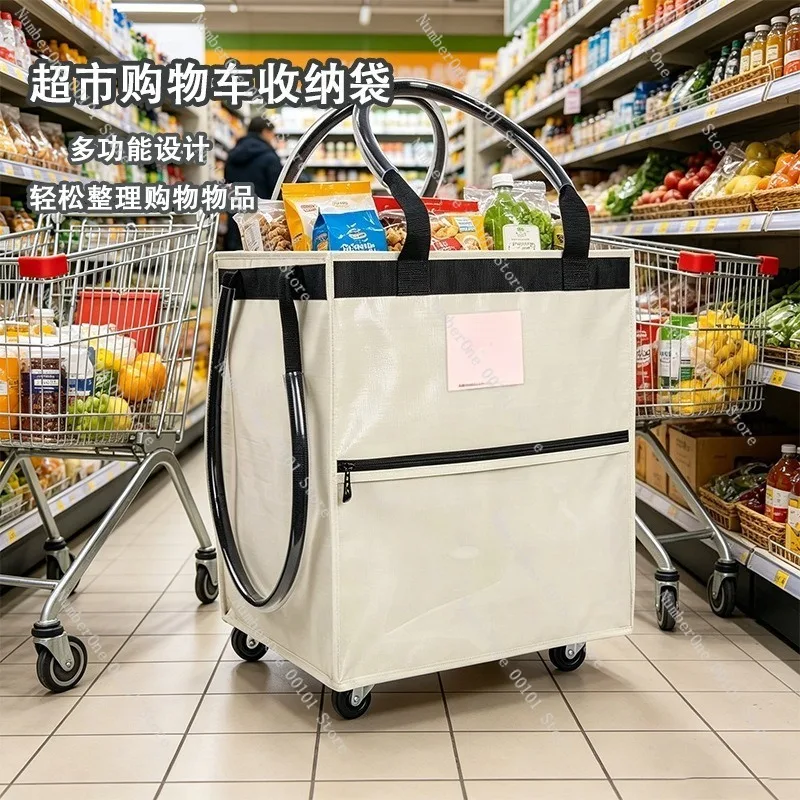 Large Capacity Folding Shopping Bag with Wheels Portable Travel Storage Tote Reusable Supermarket Grocery Cart Bag Expandable