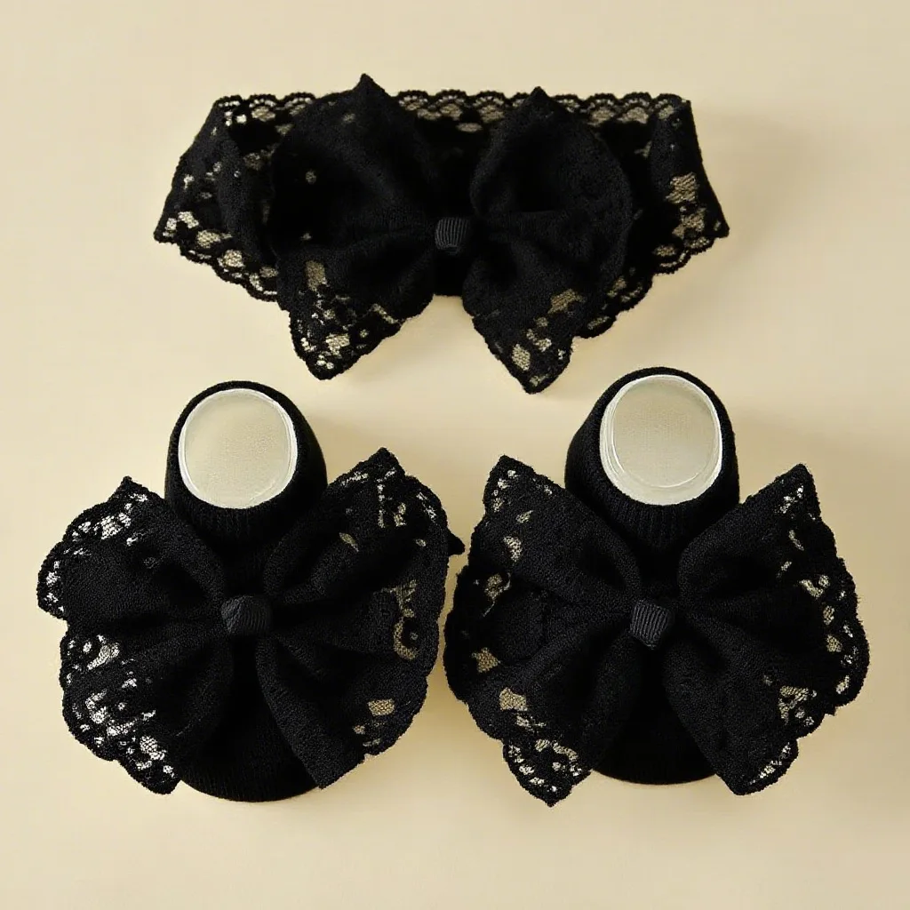 2Pcs Baby Girl Headband And Socks Set Princess Lace Bowknot Elastic Hair Band Anti-Slip Floor Socks for Newborns