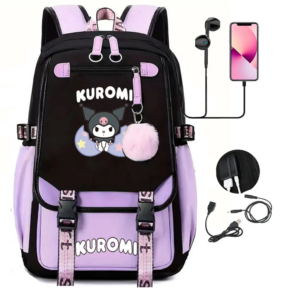 New Fashion kuromi Pattern Backpack Women's Men's Fashion Street Large Capacity Backpack USB Backpacks