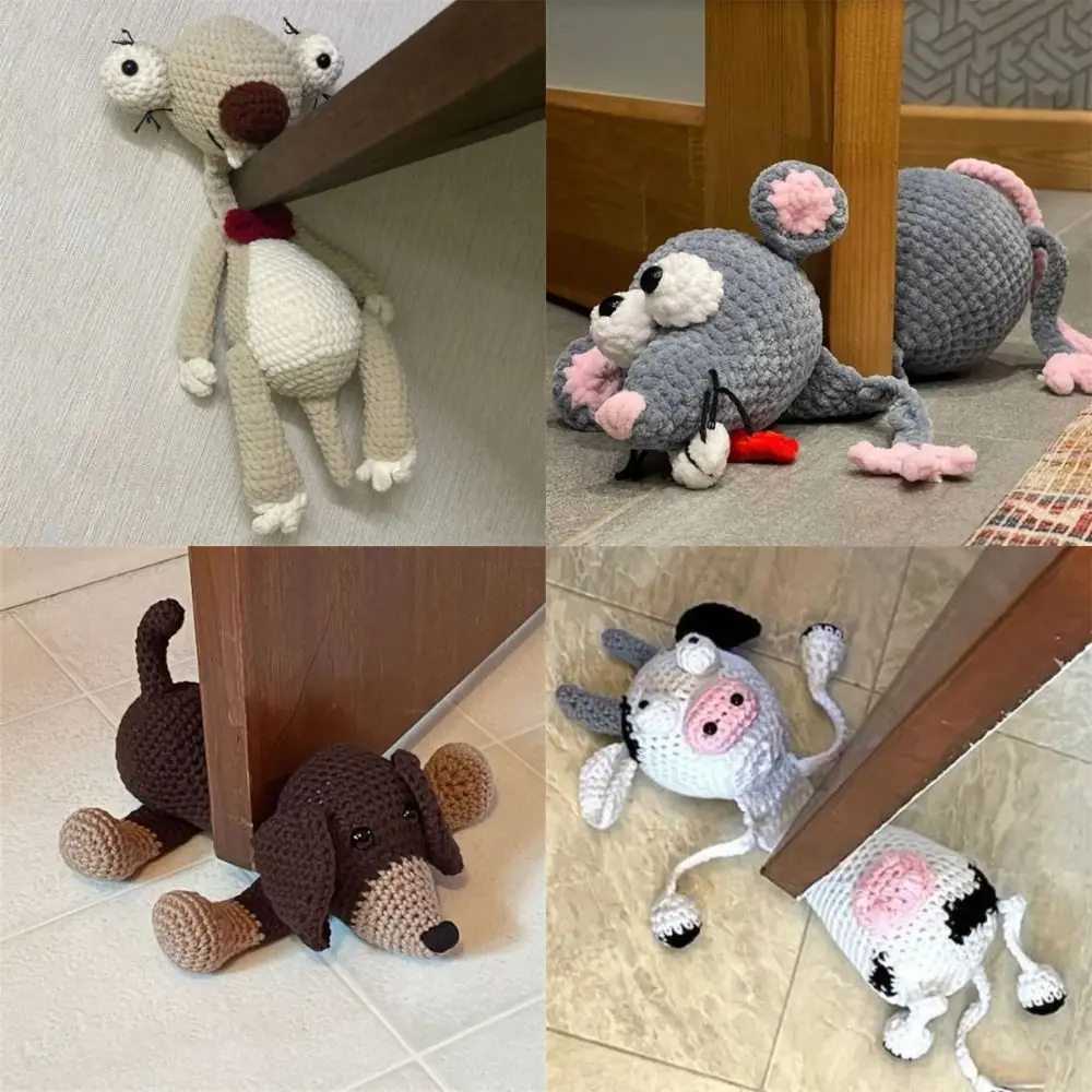 Handmade Animal Crochet Door Stop Cartoon Character Crocheted Floor Stopper Rat, Cow, Dog & Laziness Doorstop Floor Decorative