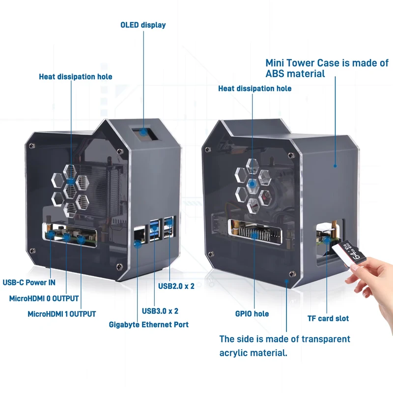 GeeekPi Raspberry Pi 5 ABS Mini Tower Complete Kit With Cooler Ice Tower 0.96 Screen Dispaly Power Supply For Raspberry Pi 5