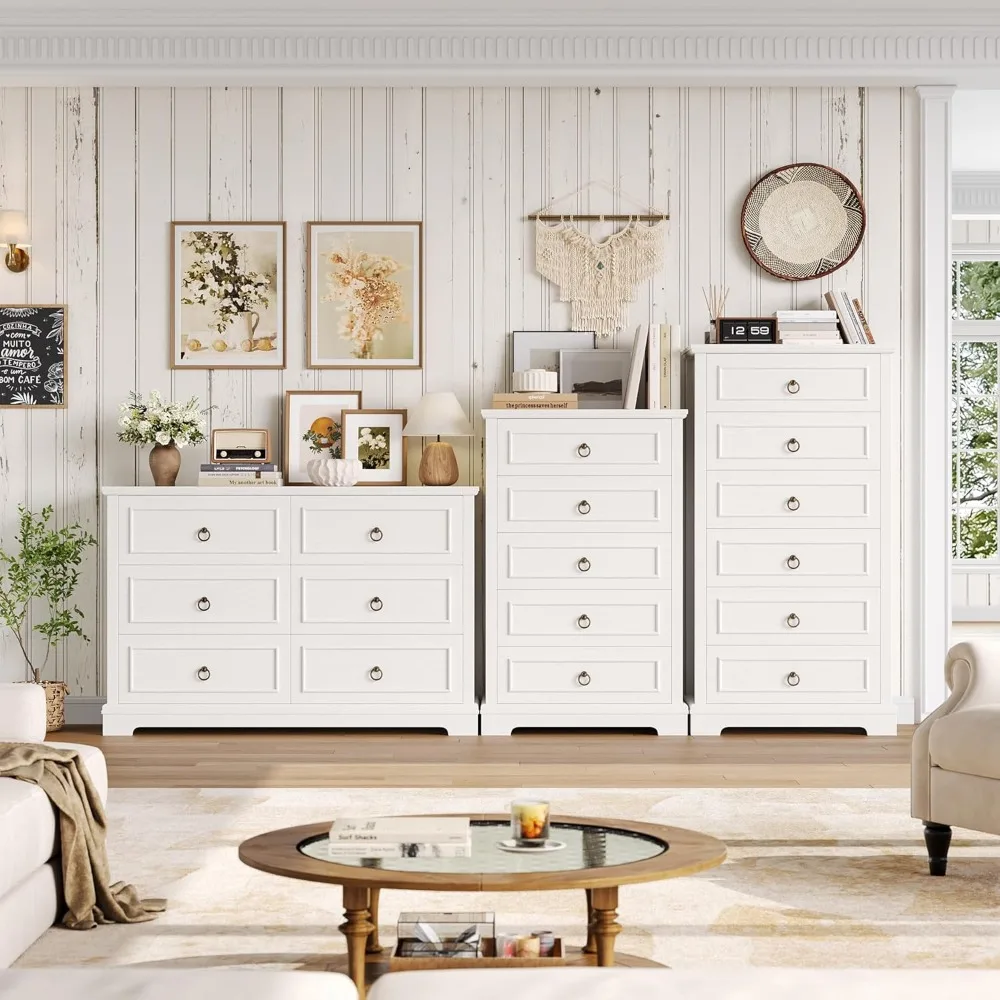 Lemari Laci 5 Tingkat Gaya Modern Farmhouse, Tinggi 44, Warna Putih, untuk Penyimpanan Kamar Tidur