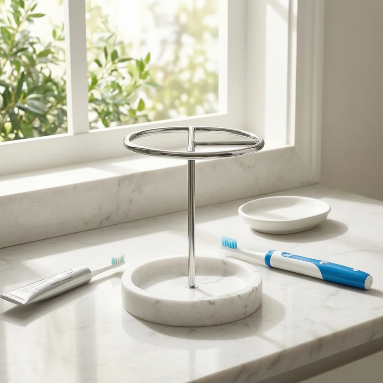 Toothbrush and Toothpaste Holder Rustproof Toothbrush Holder with Resin Base Countertop Organizer Marble-Like Space-Saving