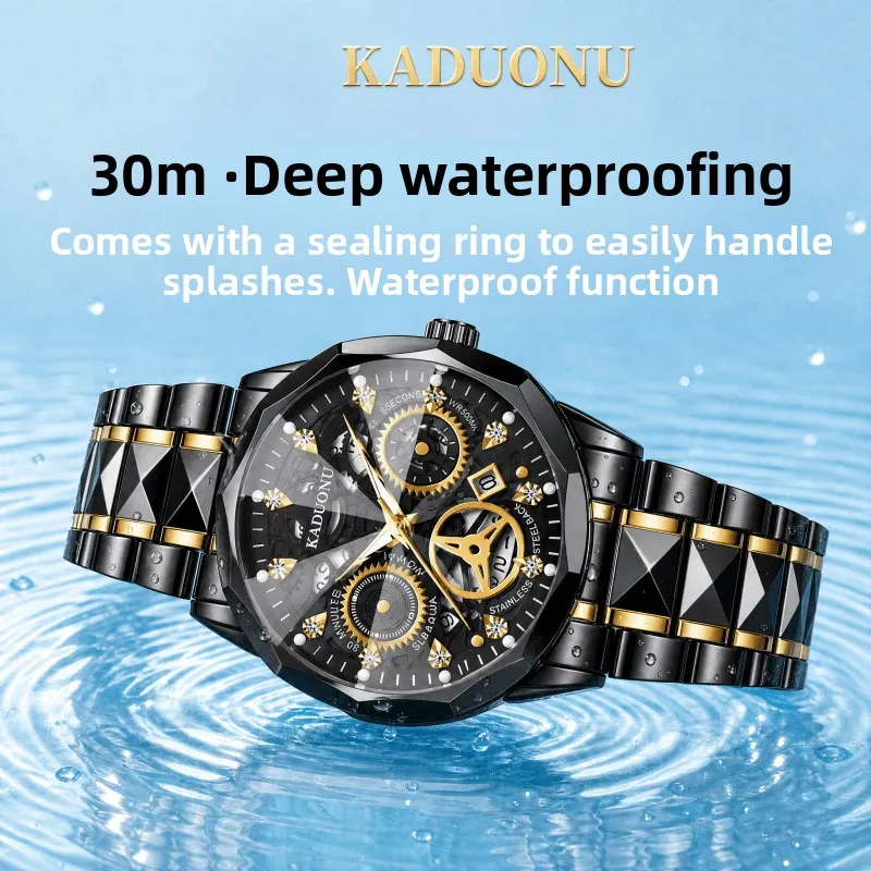 Black gold hollowed-out men's watch with diamond-cut steel band, luminous, waterproof, and multi-functional, a men's business qu