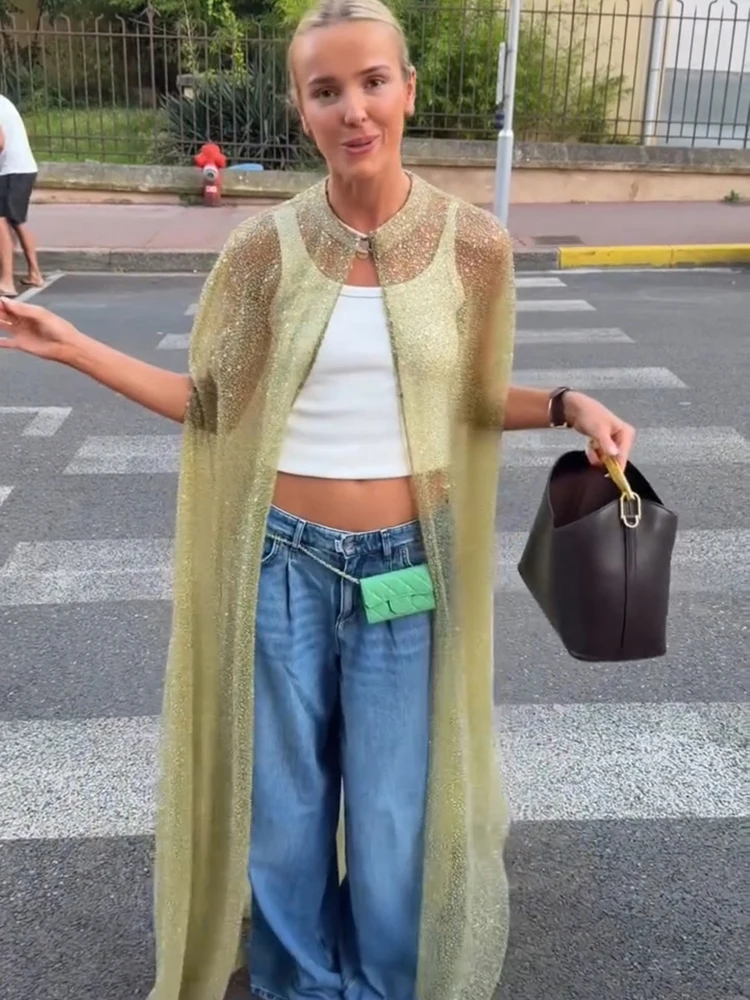 Shining Transparent Women's Cloak Open Stitch Solid Sequined Loose O-neck Long Lady High Street Fashion Casual Coat 2026 Summer