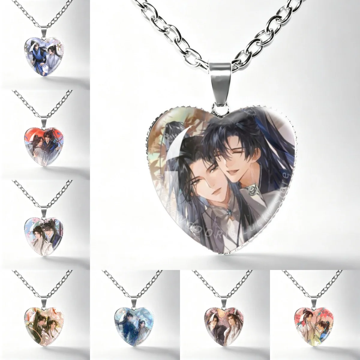 The Husky And His White Cat Shizun Heart Shape Glass Cabochon Pendant Necklace Erha Mo Ran Chu Wanning Cosplay Fans Jewelry Gift