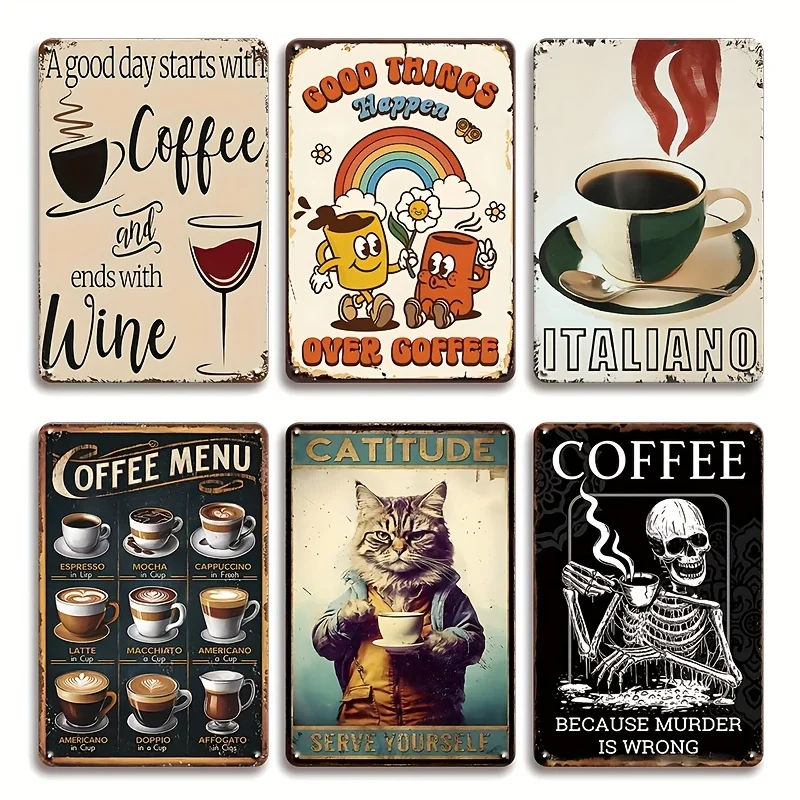 6pcs of Coffee Metal Tin Signs, Classic Coffee Poster Wall Decoration, Retro Wrought Iron Coffee Cup Hanging Painting, Coffee Ba
