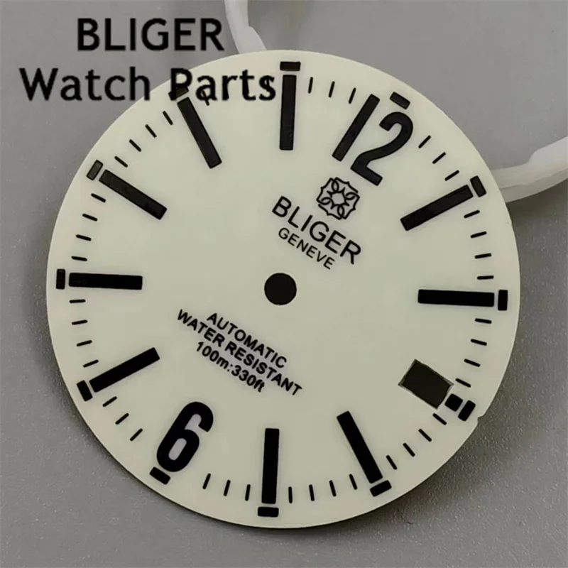 BLIGER 29mm off-white green watch dial fit NH35 NH36 movement fit 3 o\'clock crown 3.8 o\'clock crown Green luminous