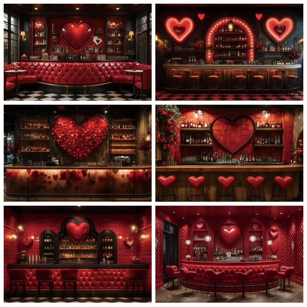 February 14th Valentine's Day Photography Backdrop Red Sweetheart Shop Bar Wine Cabinet Love Heart Couple Photo Background Decor