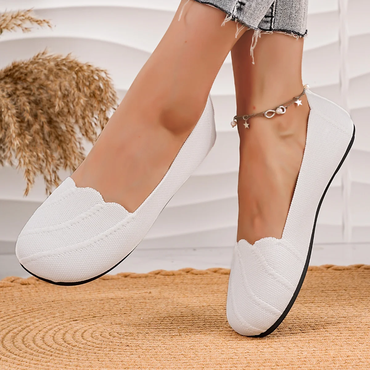 Lässige, flache, gestrickte, ausgehöhlte Arbeitsschuhe für Damen, einfarbig, runde Zehenpartie, atmungsaktive Slip-On-Schuhe, bequeme Sommerschuhe – Detail 4