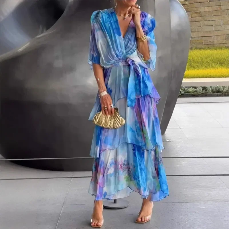 Verão novo elegante vestido de chiffon feminino moda impresso com decote em v manga curta em camadas plissado solto rendas saia longa