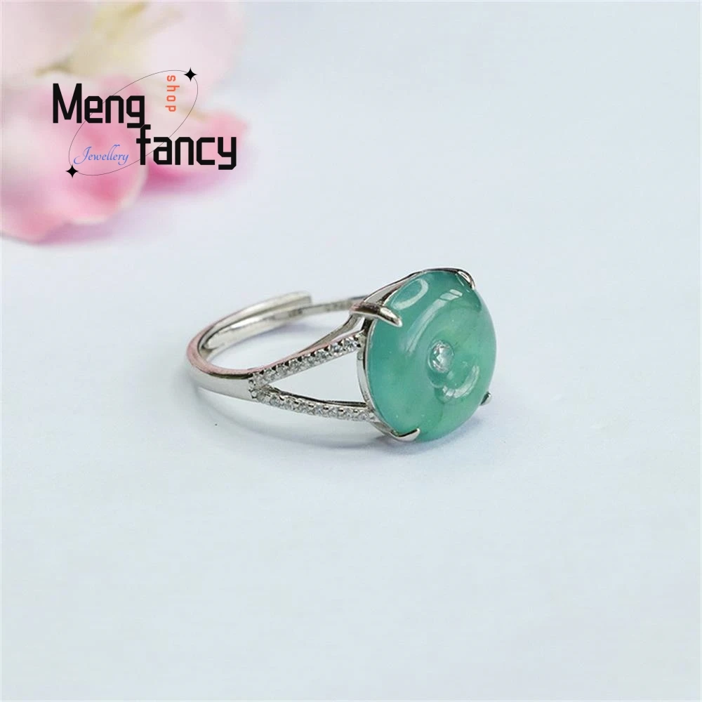 S925 Silver Lnlaid Natural Jadeite Ring Ice Blue Water Peace Buckle Exquisite Elegant Simple High-grade Luxury Quality Jewelry